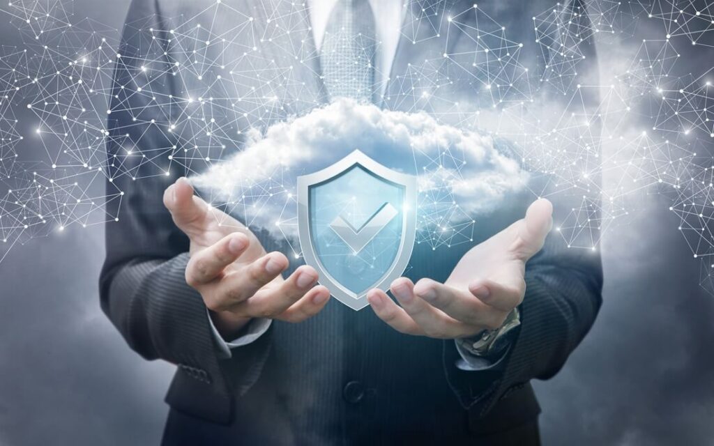 a confident professional balances the weight of cloud technology and protection