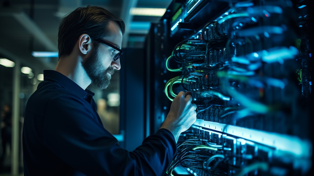 a focused technician meticulously manages the intricate network of cables, ensuring optimal performance and security of the digital infrastructure