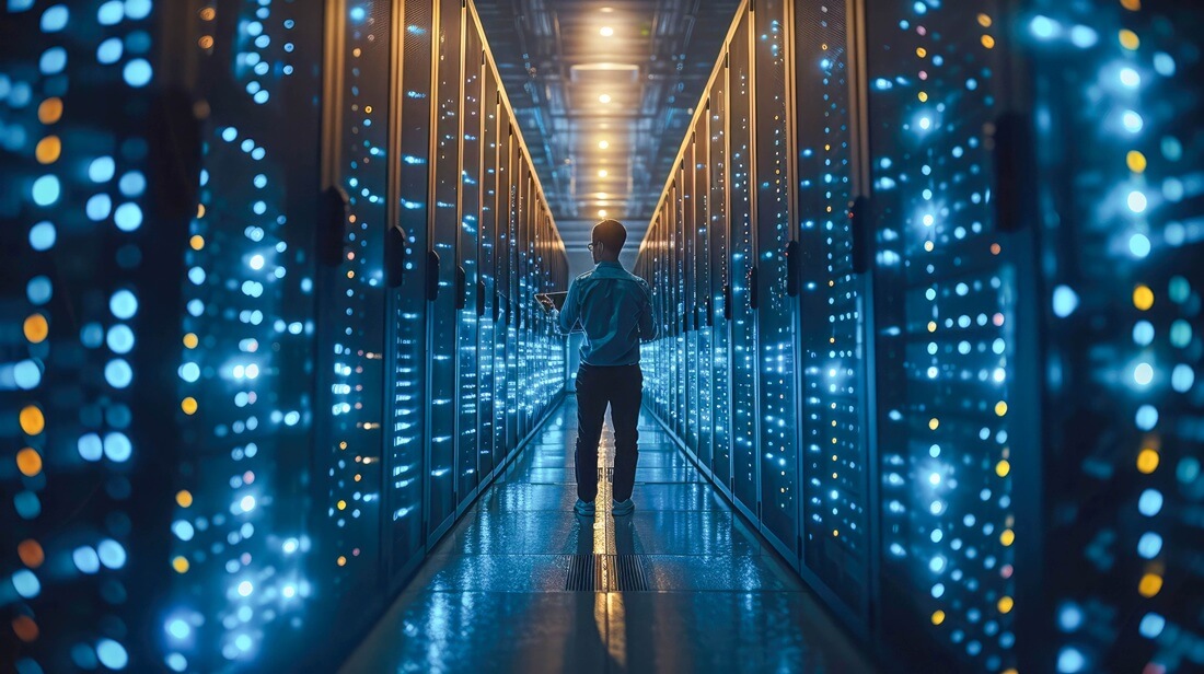 a lone figure navigates through towering server racks, each illuminated by a cascade of blinking lights, embodying the pulse of modern technology