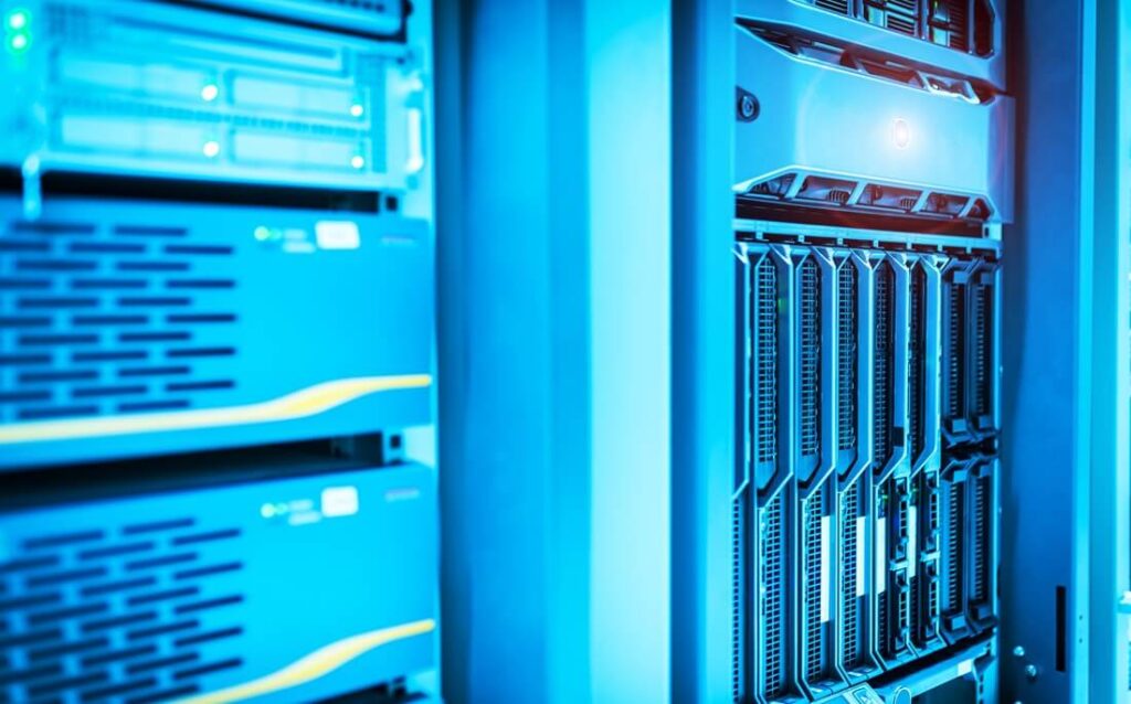 high-tech data center with glowing servers, showcasing the heart of modern computing