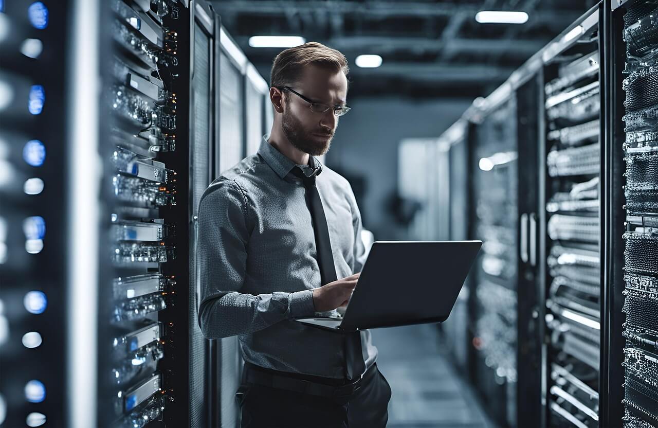 man working a server room - benefits of managed IT services