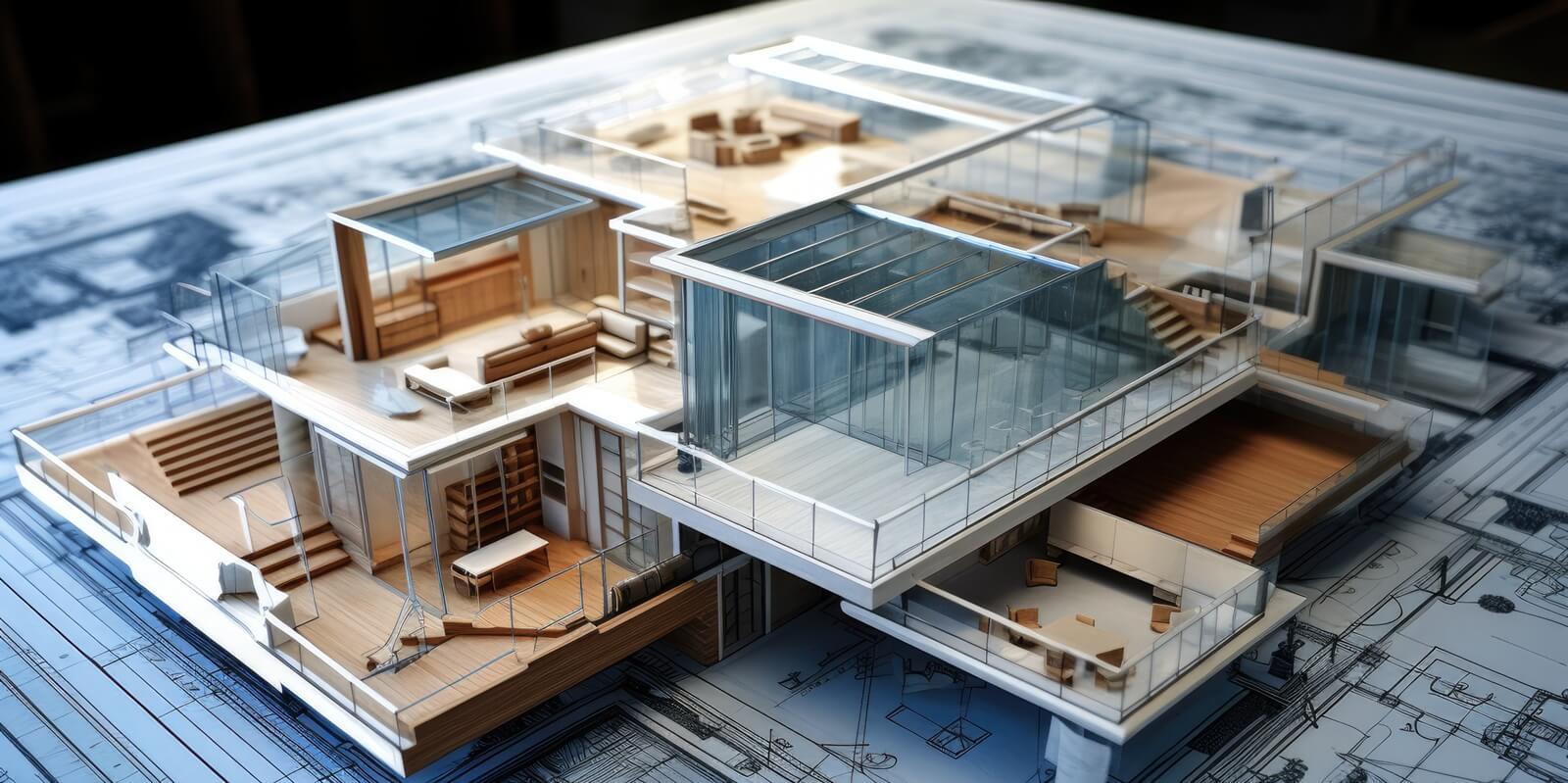 Architect's blueprints with 3D construction Ai generated