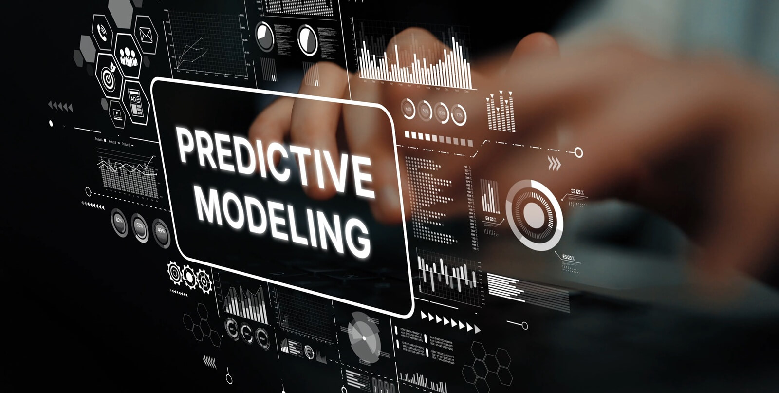 Hands Engaging with Digital Interface Featuring Predictive Modeling and Data Visualization Elements for Analytics Purpose