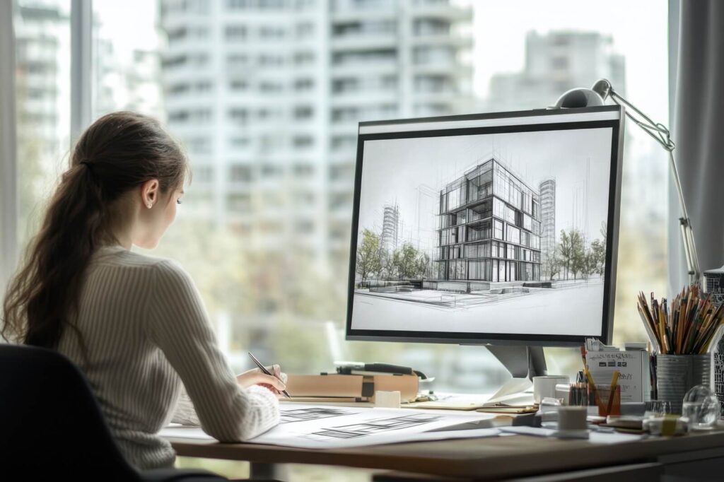 architect sketches building designs at a desk