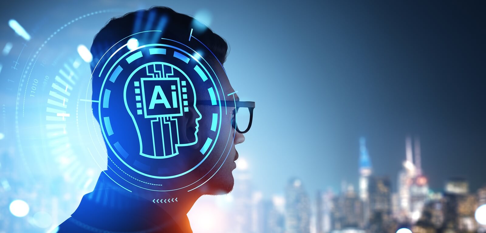businessman in glasses in blurry night city with double exposure of immersive AI interface