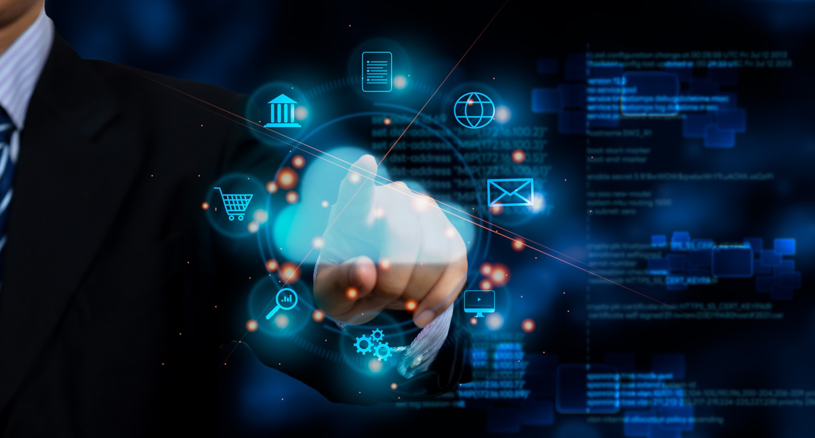 businessman touch on virtual internet connection cloud computing and technology icons. Business global connection application digital marketing, Financial and banking, big data.