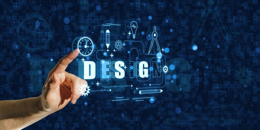 close up of male hand pointing at digital thin line illustration on blue background with mock up place