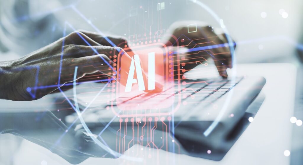 double exposure of creative artificial Intelligence abbreviation with hand typing on computer keyboard on background