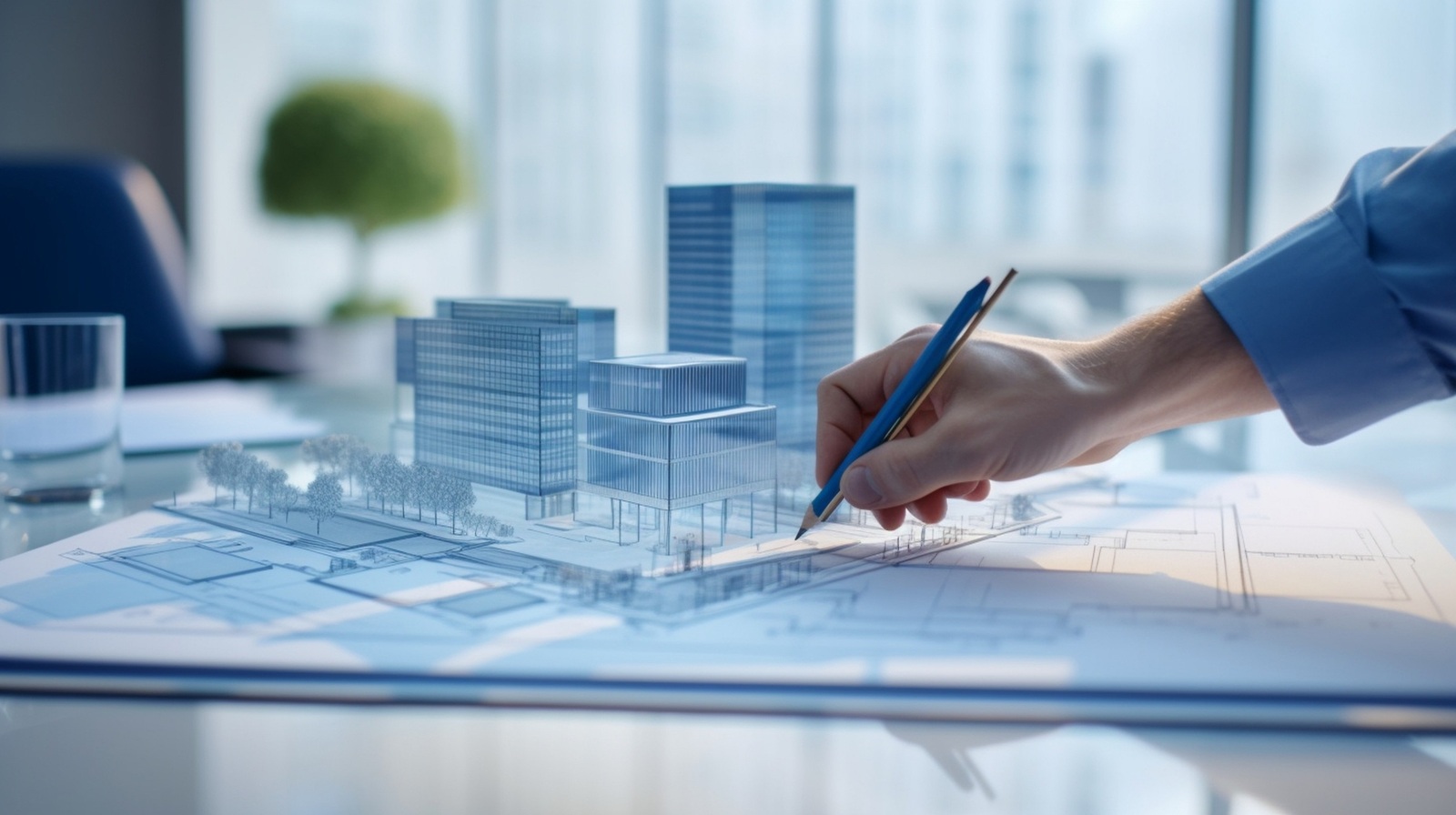 engineer developing construction plan sitting at desk with blueprints helmet and scale model residential building or house Young architect working on new real estate project