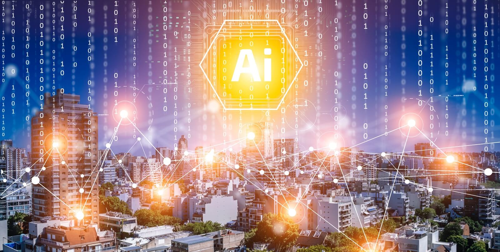 futuristic big data city with transport, business, technology network