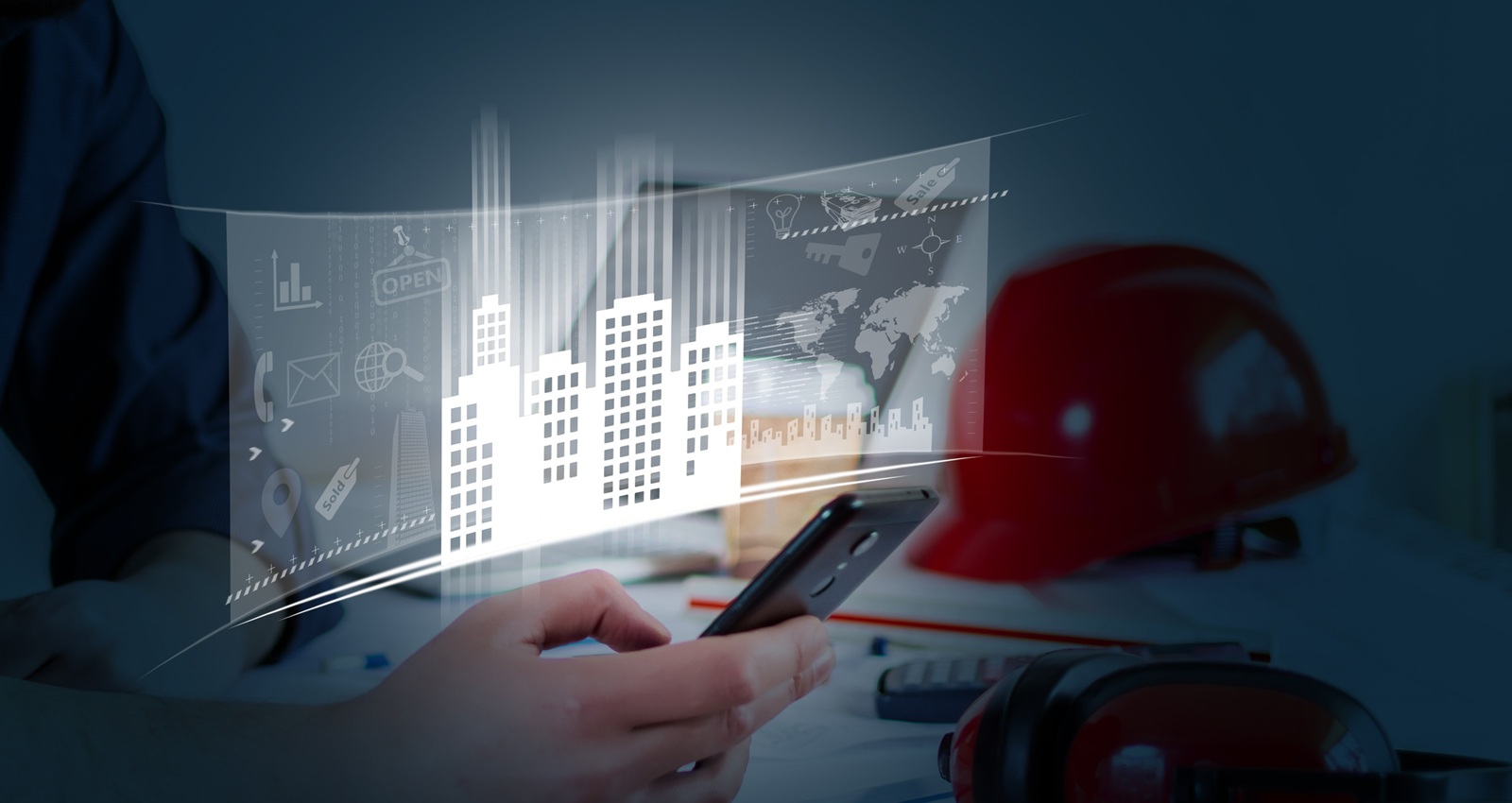 Hand male architect working on project. Virtual building shape scene.