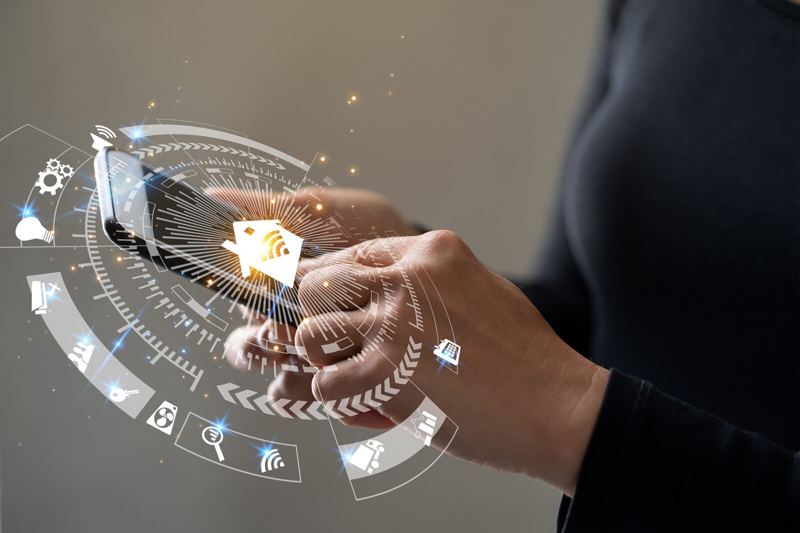 hands using smart phone for mobile phone with smart home app in modern living room