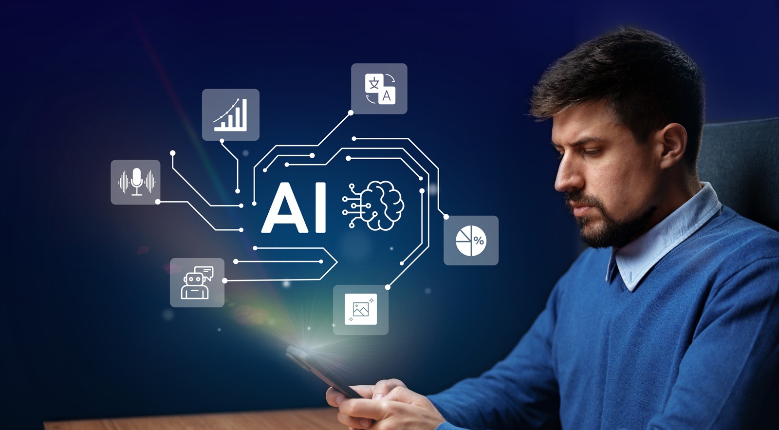 Man using tablet to explore artificial intelligence concepts in a modern workspace