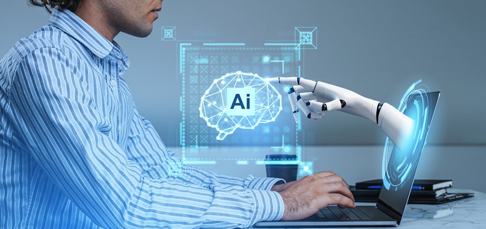 man working with laptop in office with double exposure of AI artificial intelligence brain hologram and robot hand touching it