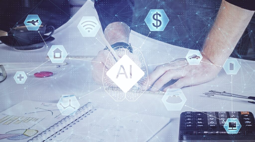 modern workspace, a creative mind engages with innovative ideas, blending technology and hand-drawn plans, symbolizing the intersection of artificial intelligence and human creativity