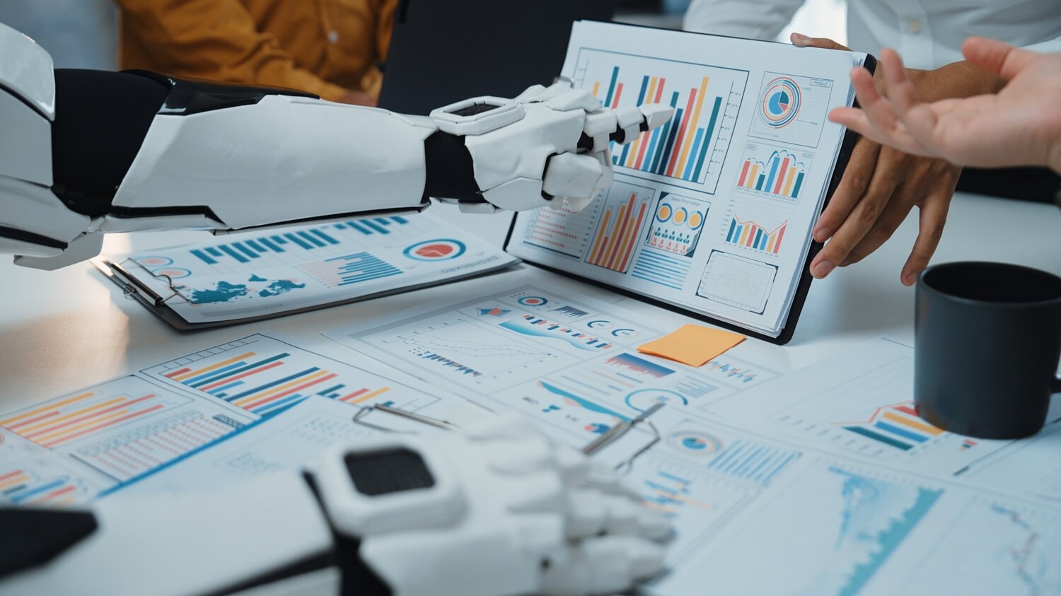 robotic arm assists a business team in analyzing data charts and graphs in a modern office environment, showcasing collaboration and innovative technology integration