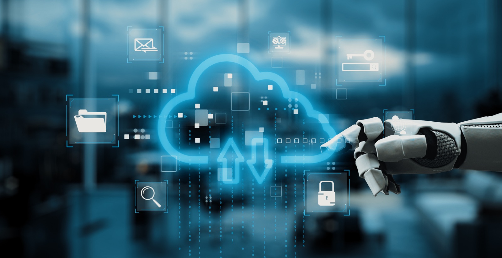robotic hand reaches towards a glowing cloud symbol, representing data upload and download