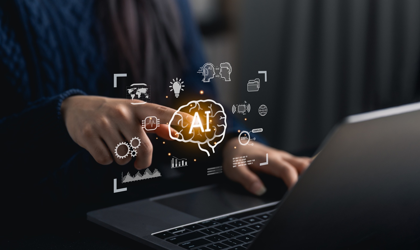 Close-up woman hand point finger interacting with laptop showcasing digital icons representing artificial intelligence and technology concepts in a modern workspace environment