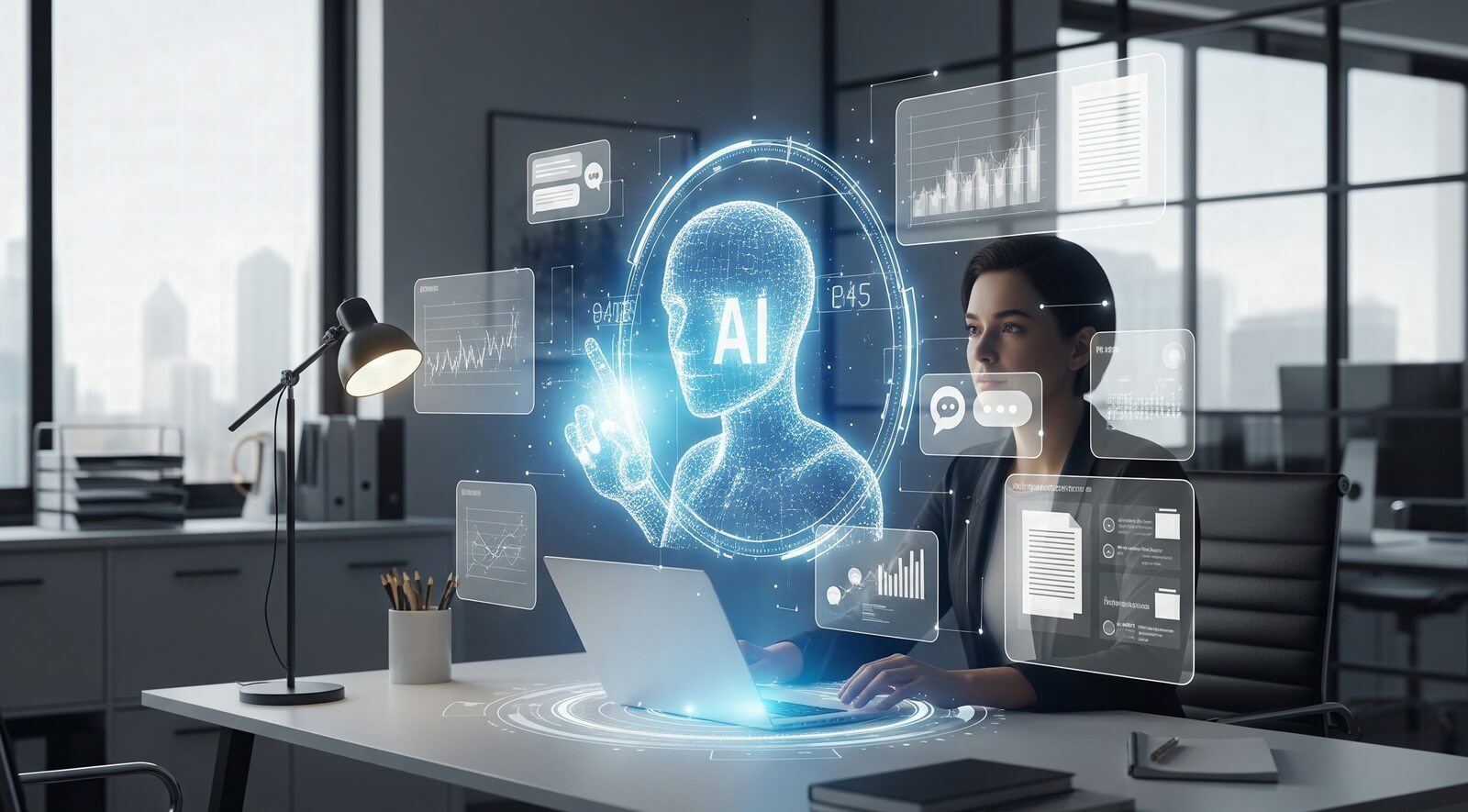 woman working with ai hologram and data visualizations in office