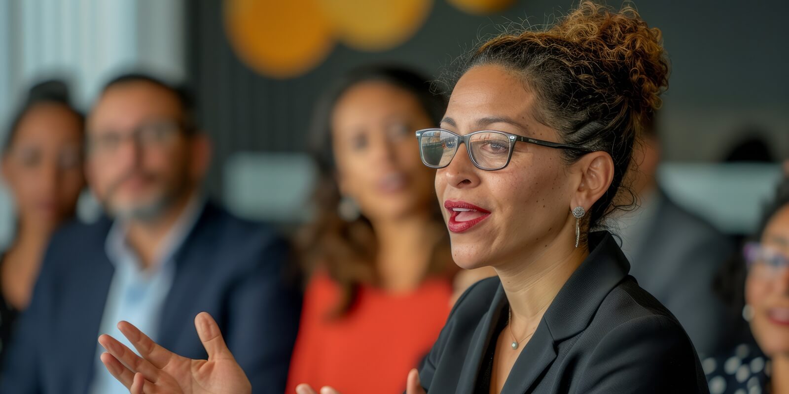 CEO, wearing a power suit, passionately addressing her diverse team, inspiring them with her vision for the company's future