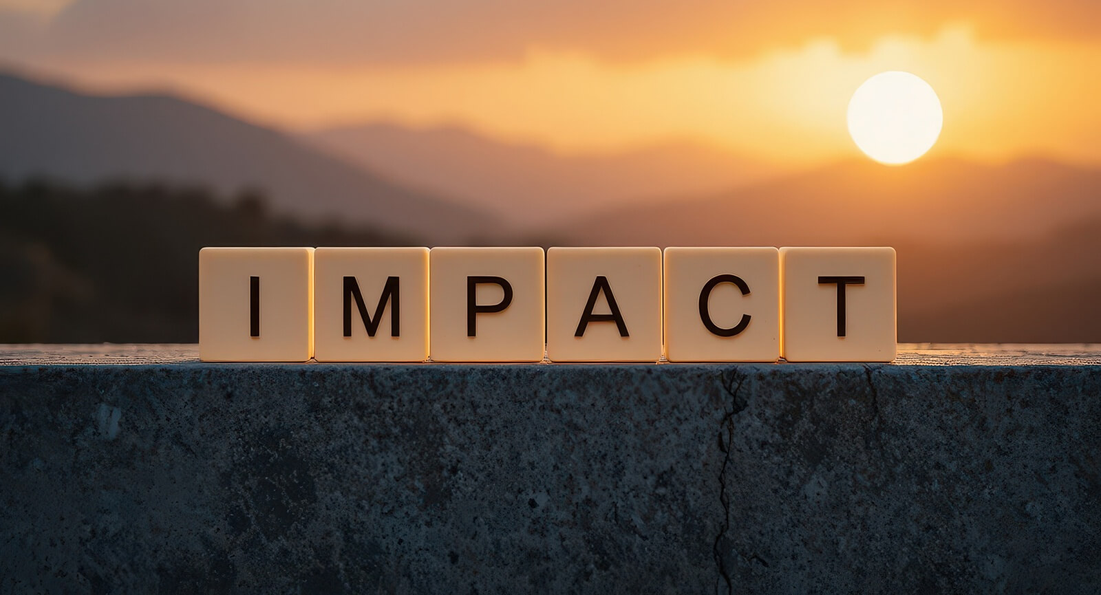 beautiful sunset casts a warm glow over mountains, highlighting the word 'IMPACT' made from blocks