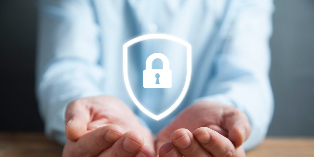 business man hand digital padlock in screen