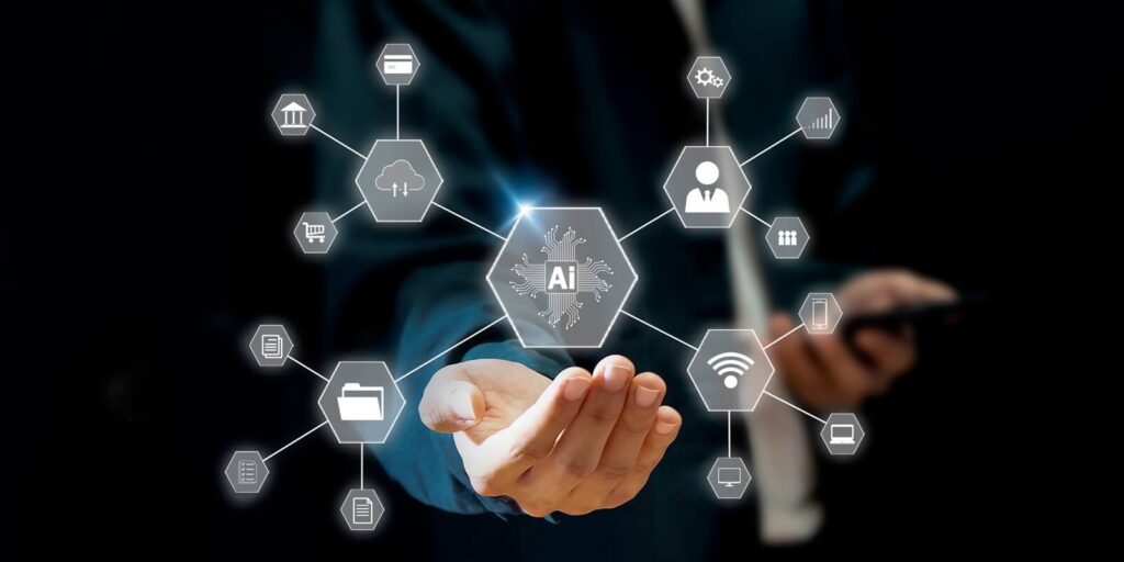 businessman hand holding social network icons on virtual screen