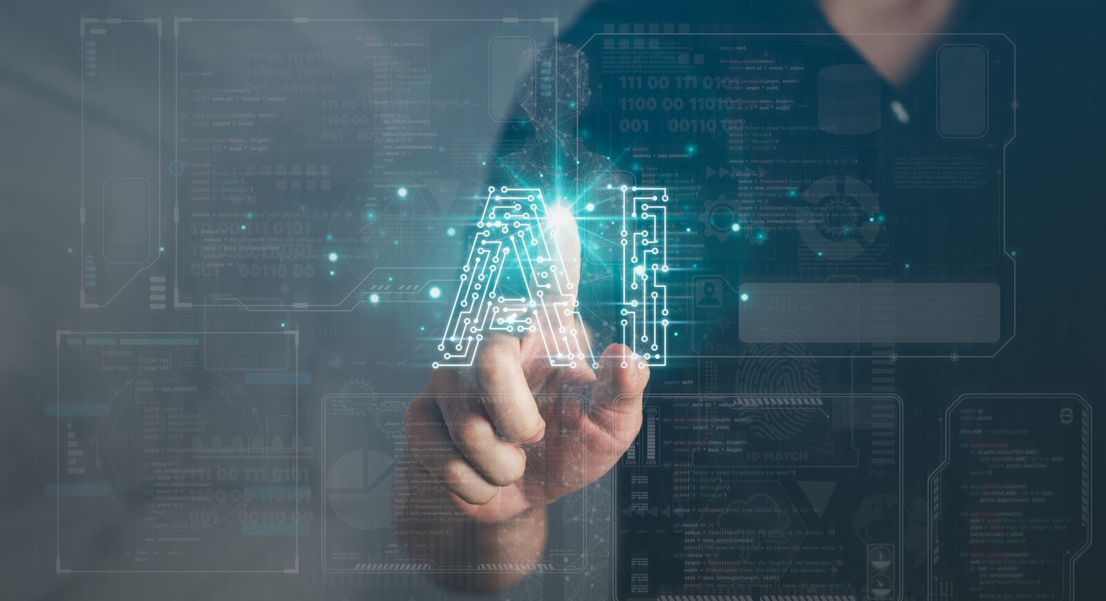 businessman hand touching AI icon on screen