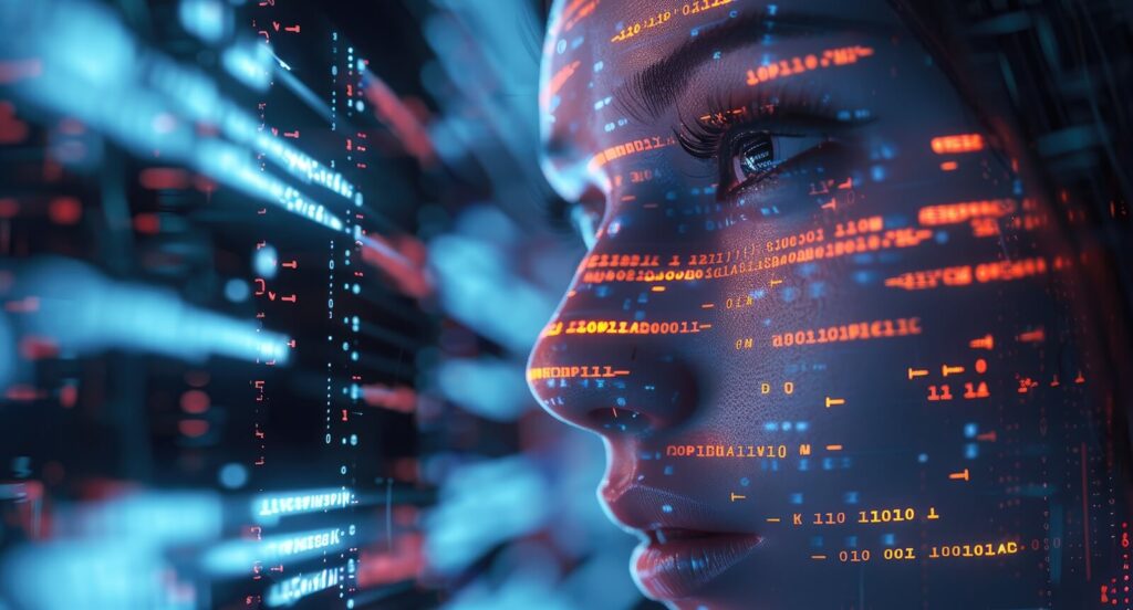close-up of a digital AI coding agent with futuristic code