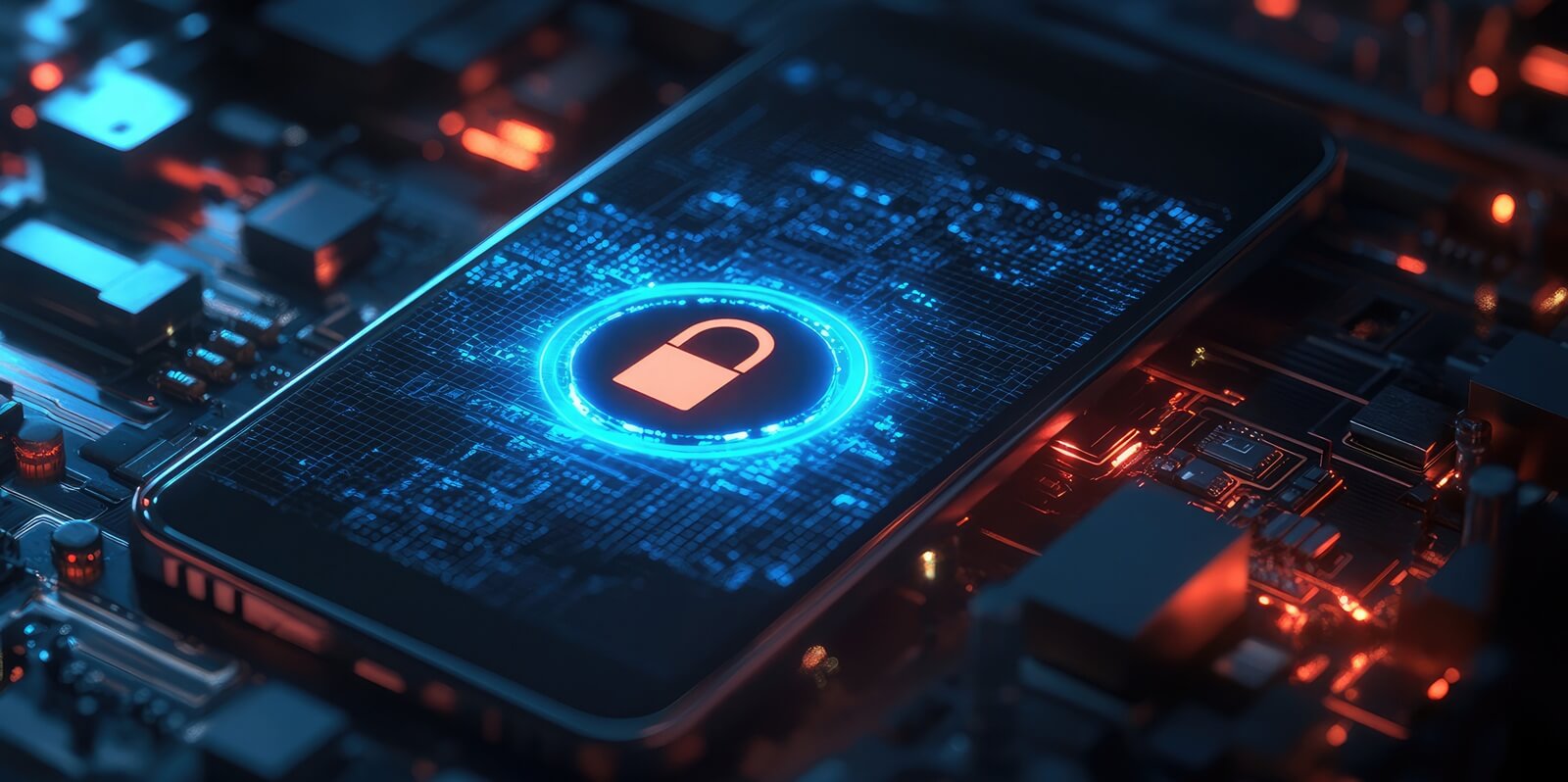 close-up of a smartphone with a holographic lock icon