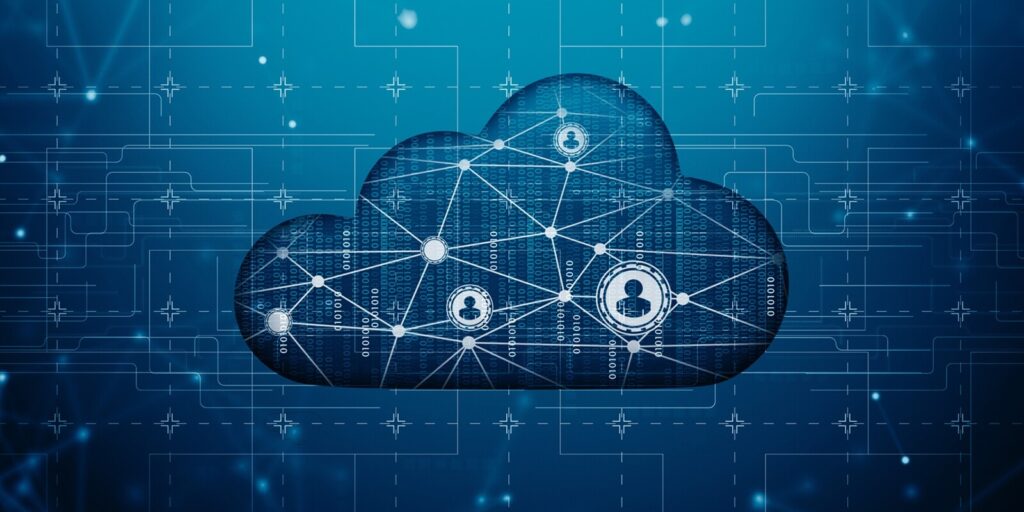 cloud computer interface with social network hologram over blue circuit background