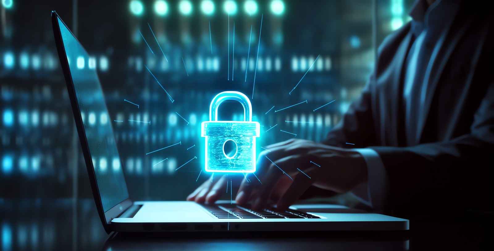 cyber security business technology internet network software development digital data protection concept Businessman working on laptop computer in office