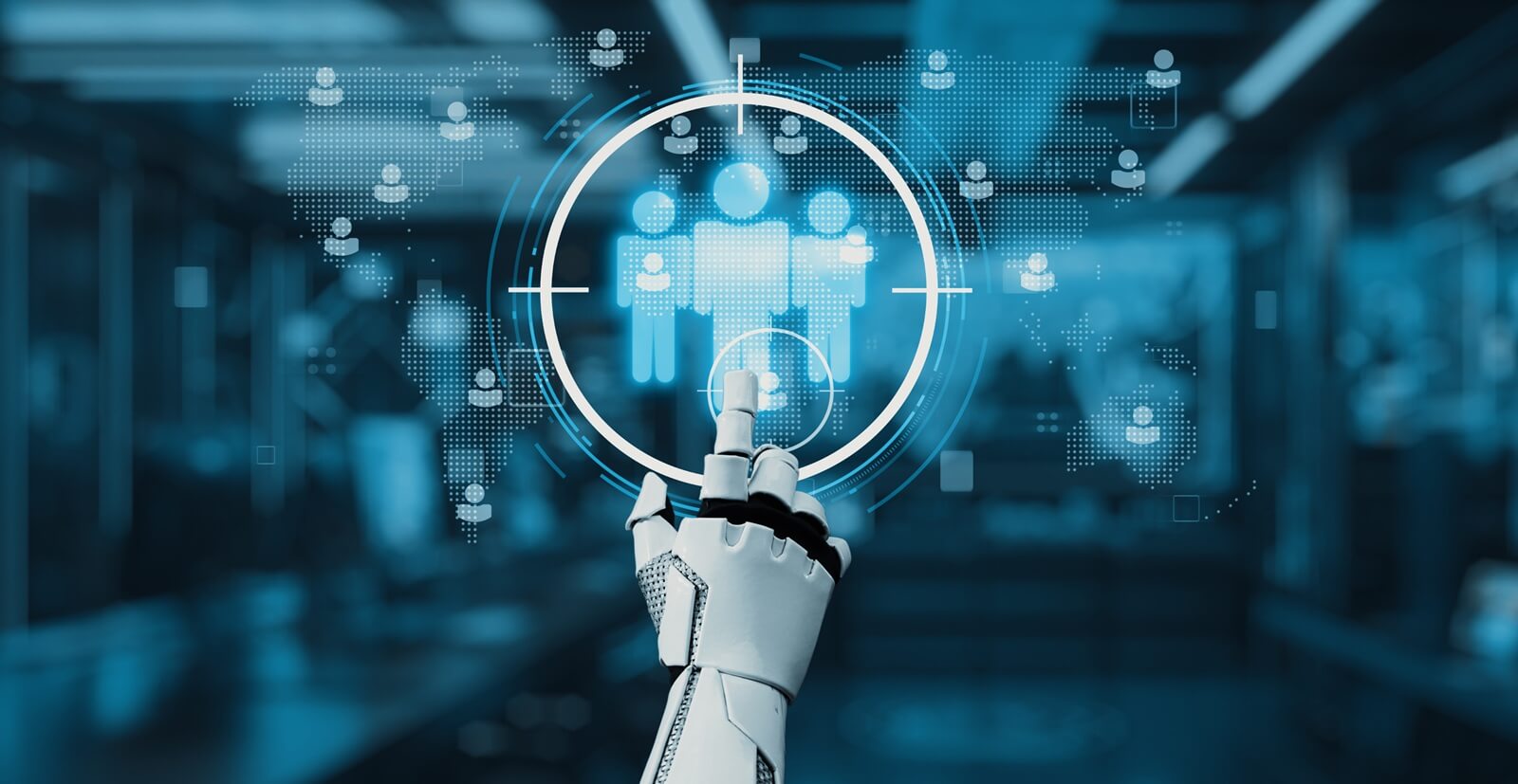 highly advanced robotic hand interacts with a glowing human icon