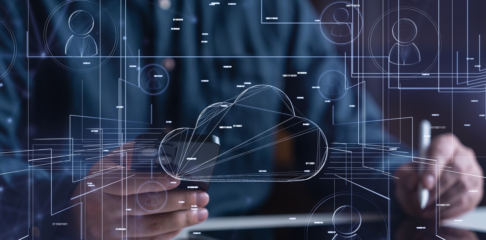 person holding a smartphone with cloud and user interface graphics