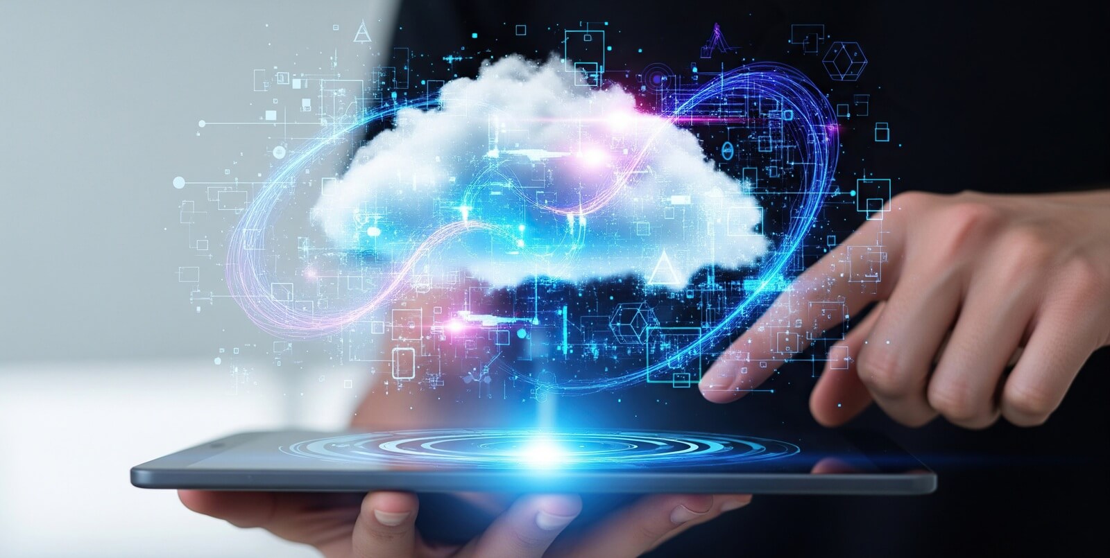 person using tablet with glowing holographic cloud computing data interface