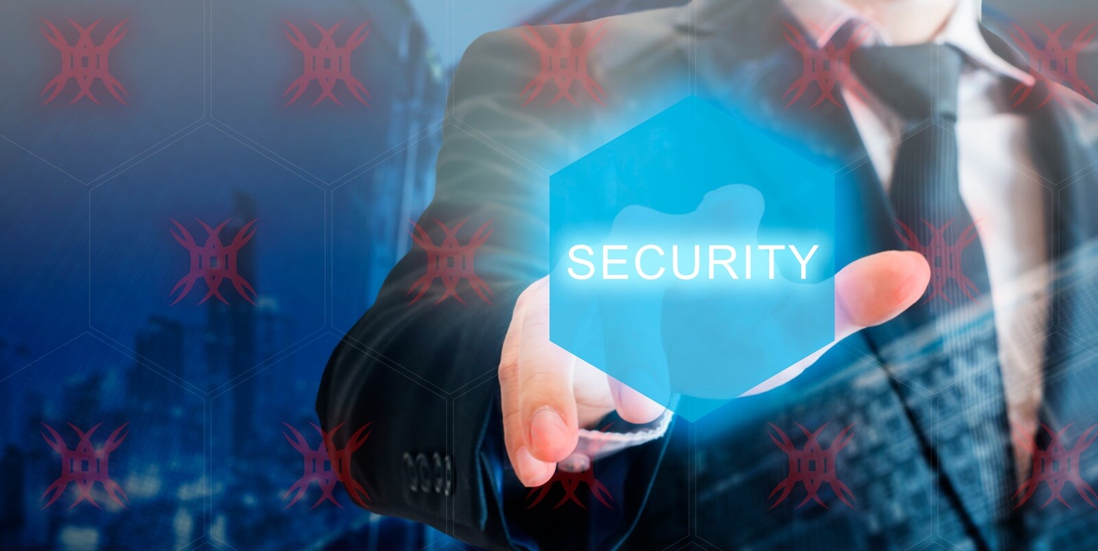 professional businessman touching security hexagonal polygon button on a digital interface