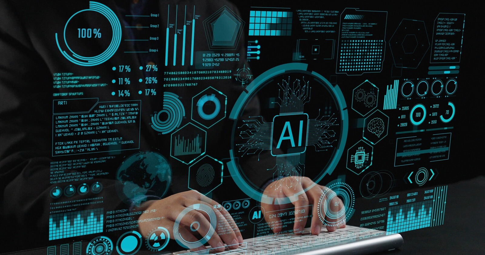 professional uses a keyboard in front of an immersive virtual AI data display