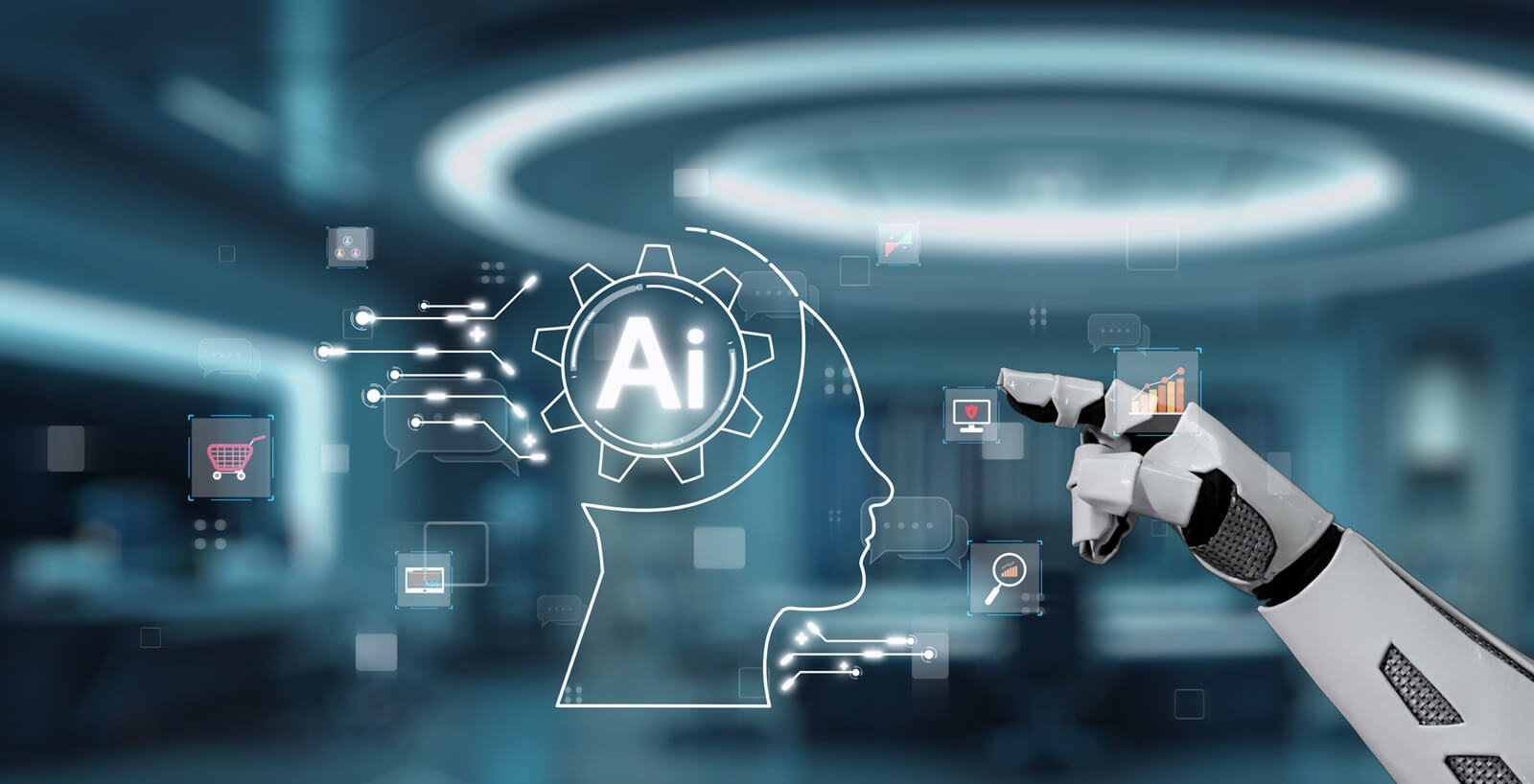 robotic hand interacts with a digital interface showcasing artificial intelligence concepts