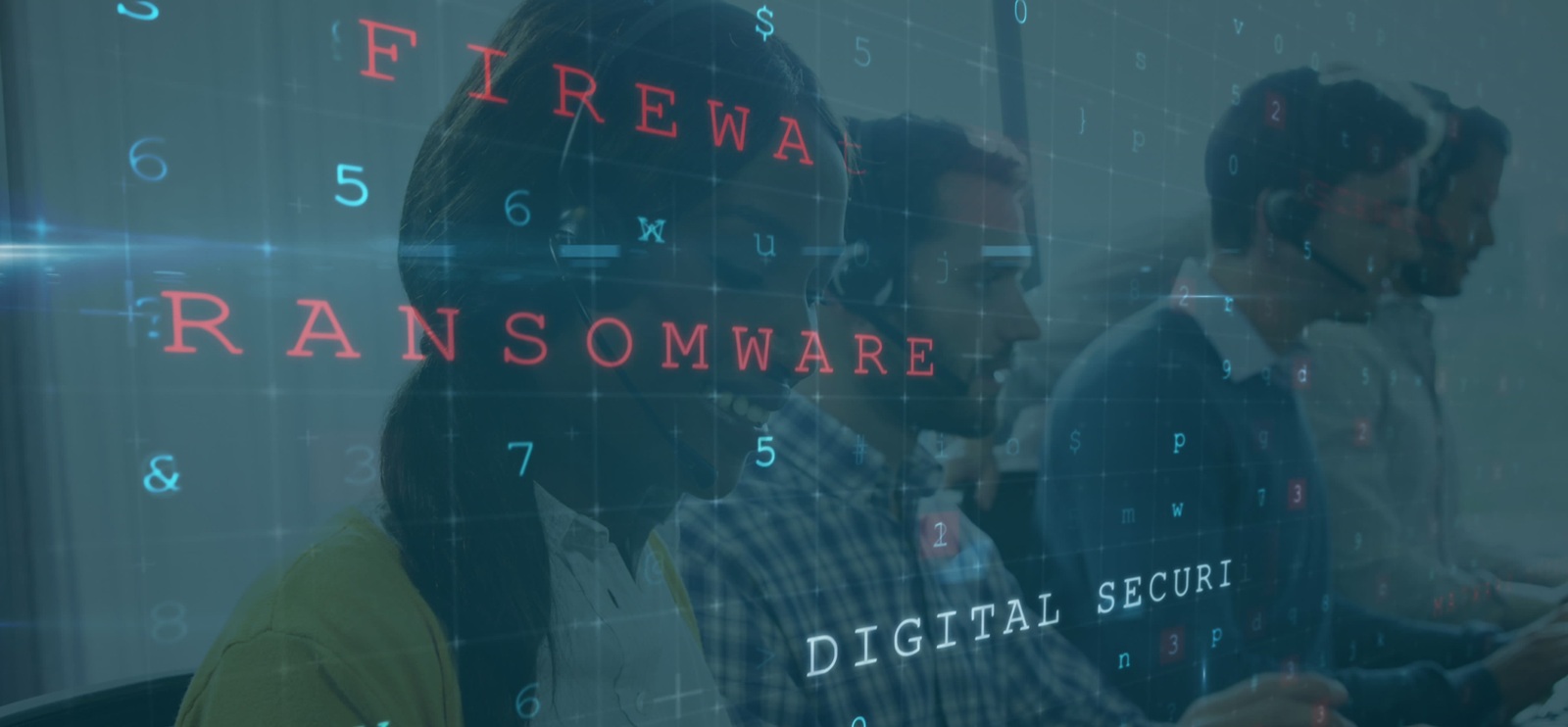 team working in office, focusing on digital security and firewall protection