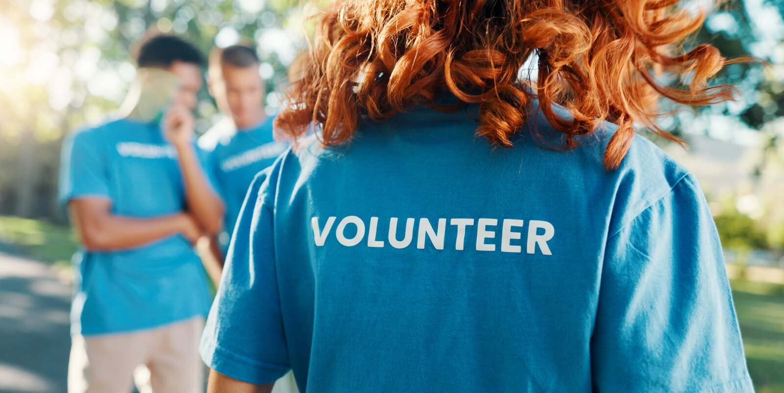 volunteer, shirt and back of woman in park for recycle program, earth day or social responsibility