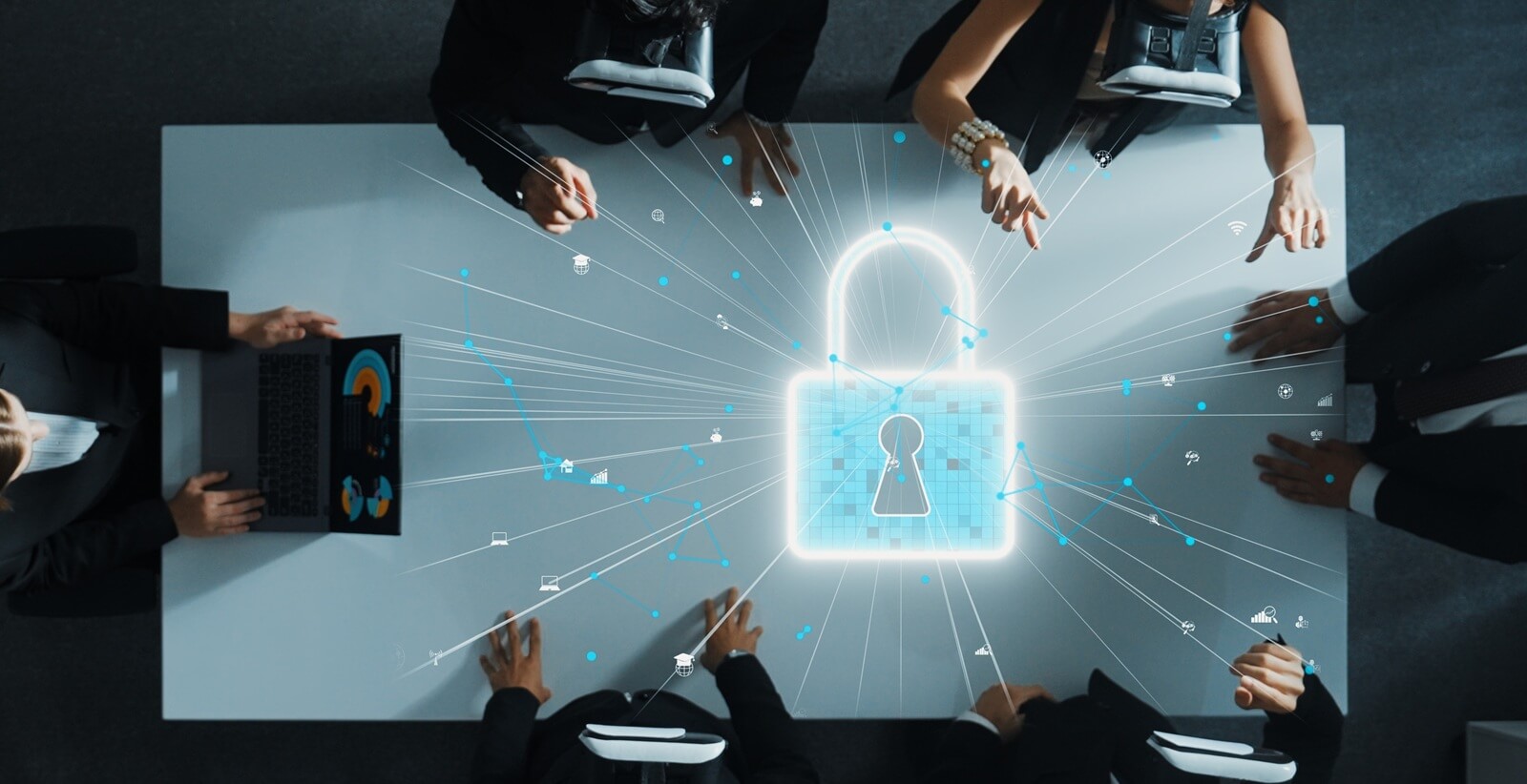 a group of professionals collaborates on an innovative cybersecurity project