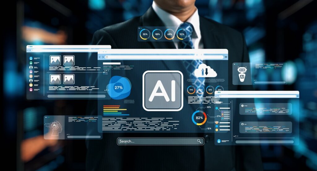 businessman in a suit stands in a modern environment, surrounded by dynamic data panels that display artificial intelligence metrics and digital analytics