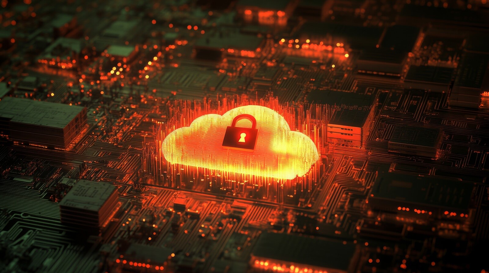 cloud computing security concept with glowing lock symbol on circuit board background