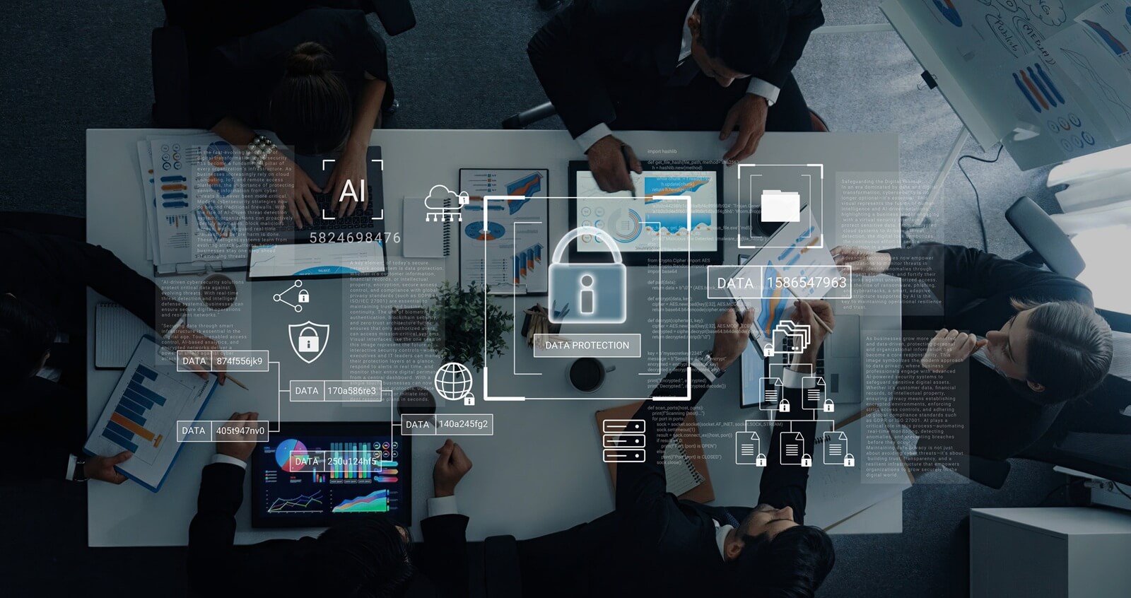 digital padlock surrounded by data security diagrams representing encryption, network protection, and secure information management