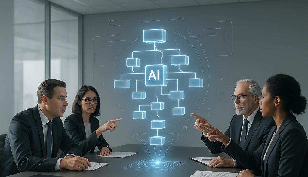 diverse group of business professionals collaborates around a conference table, engaging with a glowing blue holographic AI flowchart projected as an interactive display