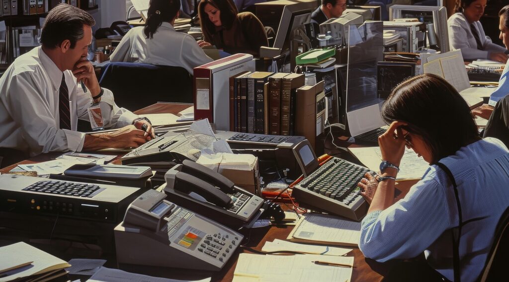 diverse group of individuals is seated around a table, actively engaged with their computers
