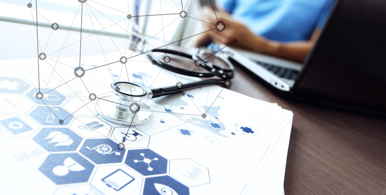 doctor working with laptop computer in medical workspace office and medical network media diagram as concept