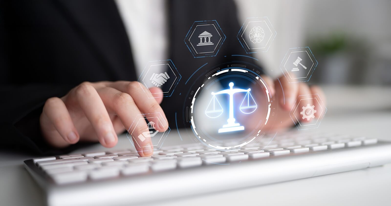 futuristic digital law interface displaying justice scale, highlighting digital law