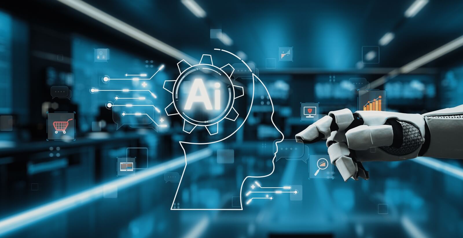 futuristic robot hand interacts with an artificial intelligence interface, representing innovation in technology and the evolving relationship between humans and machines