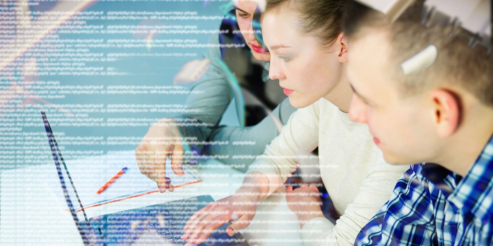 group of dedicated individuals collaborates on a programming project, surrounded by bright screens and lines of code